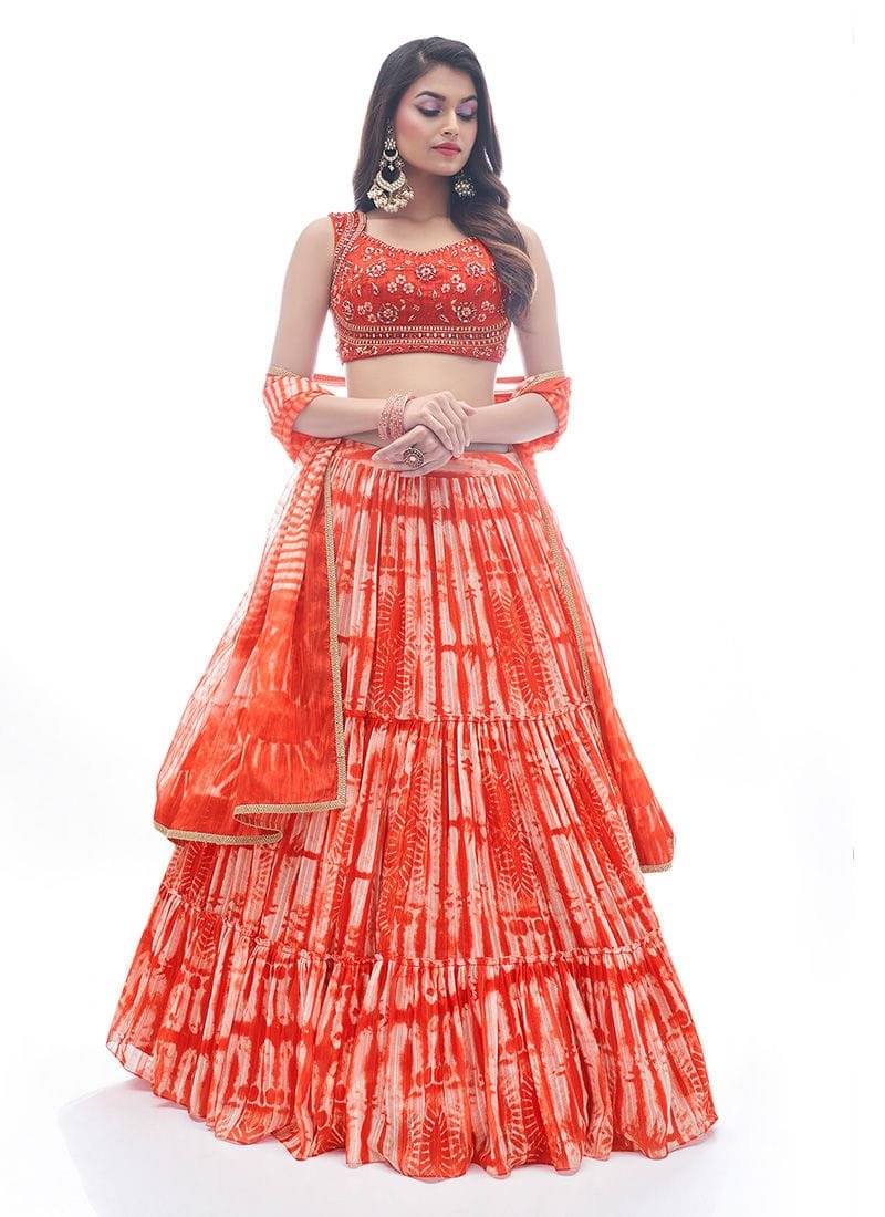 Red Color Jacquard Base Ruffle Long Skirt With Hand Work Blouse