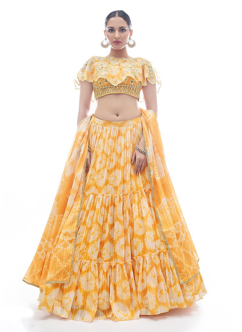 Jacquard Silk Base Yellow Color Ruffle Long Skirt With Cape Style Blouse