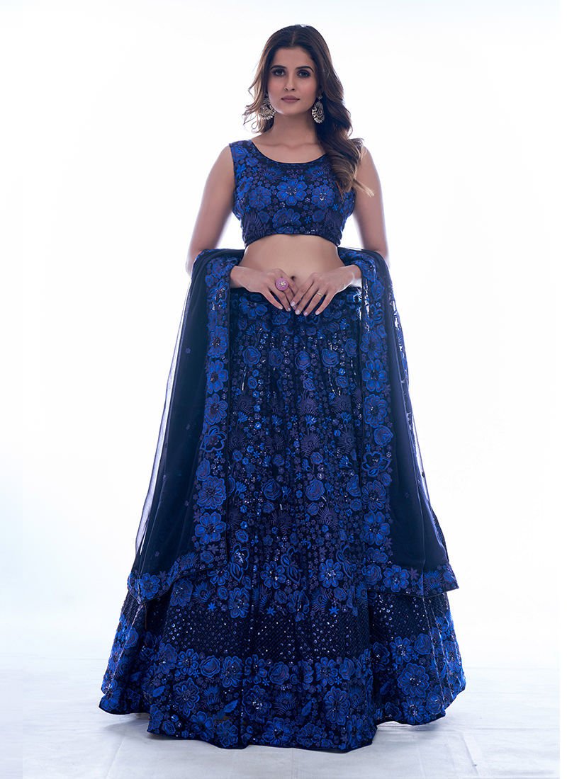 Navy Blue Flared Chaniya With Sequins Embroidery